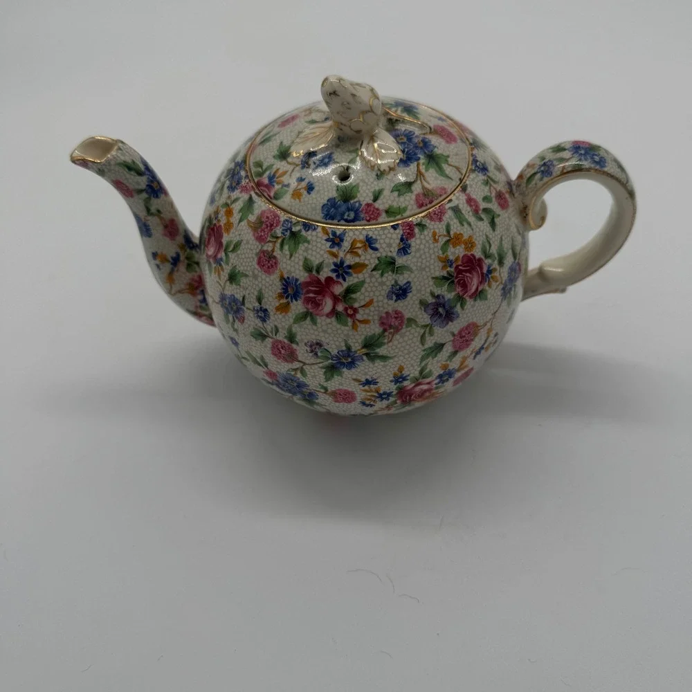Royal Winton Grimwades Old Cottage Chintz Teapot Bird Finial Gold Trim Floral